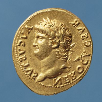 Aureus (Vorderseite) von Nero (54-68 n. Chr.) mit Lorbeerkranz. Inschrift: NERO CAESAR AVGVSVS von Roman